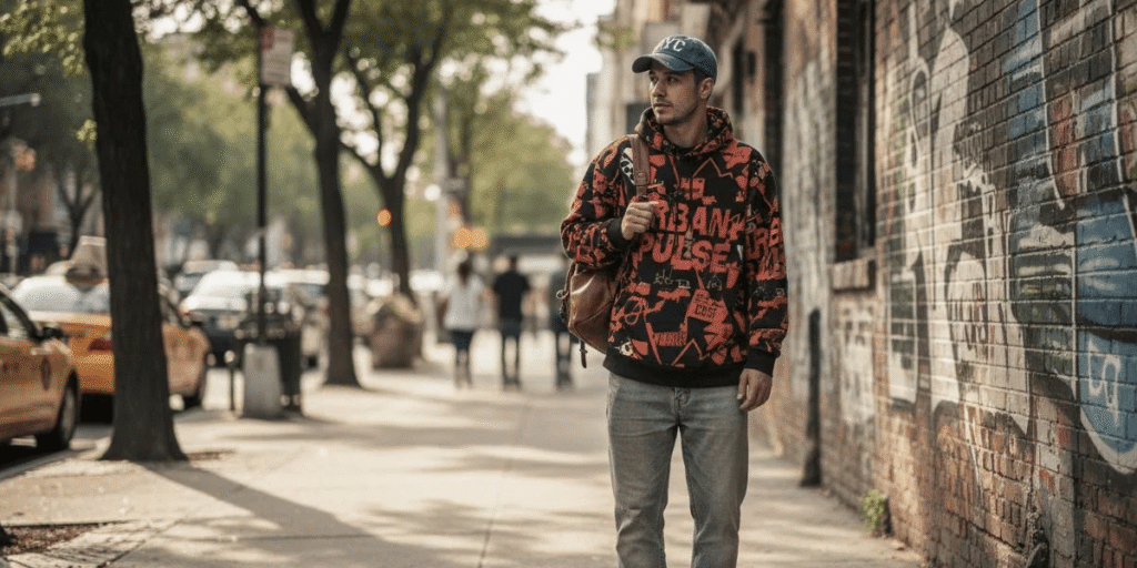 A stylish young adult wearing premium Represent CLO streetwear, including an oversized hoodie, relaxed-fit cargo pants, and luxury sneakers, while using a smartphone and laptop in a modern urban setting. The contemporary environment features minimalist architecture, soft lighting, and digital devices that reflect today's connected lifestyle. The outfit showcases Represent CLO's signature blend of high-quality craftsmanship, clean aesthetics, and modern fashion trends. The scene highlights how luxury streetwear seamlessly fits into everyday digital living, whether working remotely, creating social media content, or exploring city life. Neutral color palettes, premium fabrics, and sophisticated styling emphasize comfort, confidence, and versatility. This image represents the perfect balance between fashion, technology, creativity, and self-expression, demonstrating how Represent CLO empowers individuals to embrace a premium lifestyle in the digital age.