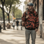 A stylish young adult wearing premium Represent CLO streetwear, including an oversized hoodie, relaxed-fit cargo pants, and luxury sneakers, while using a smartphone and laptop in a modern urban setting. The contemporary environment features minimalist architecture, soft lighting, and digital devices that reflect today's connected lifestyle. The outfit showcases Represent CLO's signature blend of high-quality craftsmanship, clean aesthetics, and modern fashion trends. The scene highlights how luxury streetwear seamlessly fits into everyday digital living, whether working remotely, creating social media content, or exploring city life. Neutral color palettes, premium fabrics, and sophisticated styling emphasize comfort, confidence, and versatility. This image represents the perfect balance between fashion, technology, creativity, and self-expression, demonstrating how Represent CLO empowers individuals to embrace a premium lifestyle in the digital age.